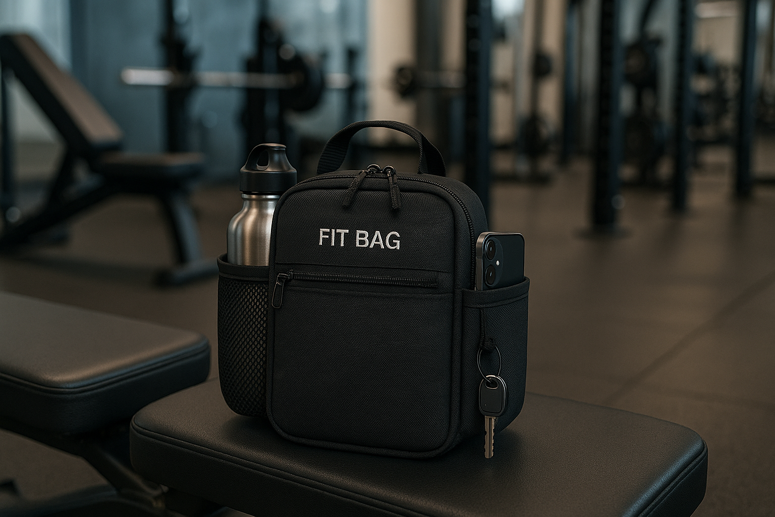 un fond de salle de sport en premier planc un banc de salle de sport en bas a gauche eecrit Fit Bag pas trop grand et un sac de 20 centimetre de hauteur5  de largeur avec une poche qui contien une gourde metalique de 1litre un telephone dans une poche sur le coter et une ficel pour acrocher ces cles1621243260e1af0c20-0